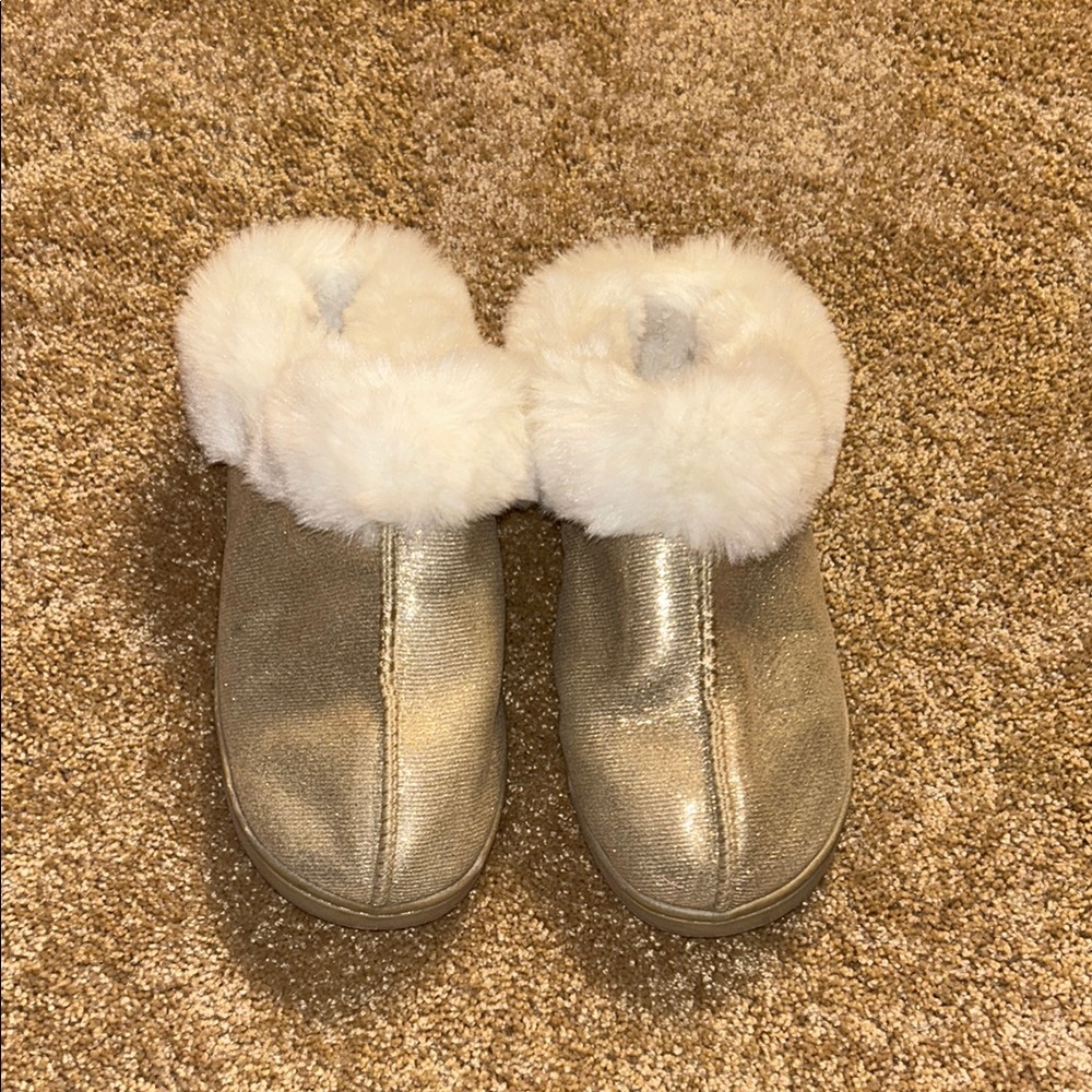 Lauren Conrad Gold Slippers with White Fur Trim